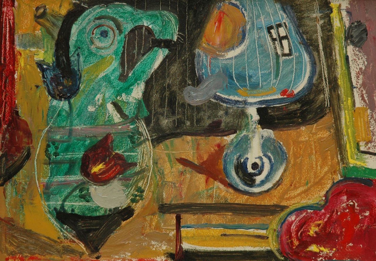 Kamerlingh Onnes H.H.  | 'Harm' Henrick Kamerlingh Onnes, Fantasiefiguren, olieverf op board 27,5 x 38,4 cm, gesigneerd rechtsboven met monogram en gedateerd '61