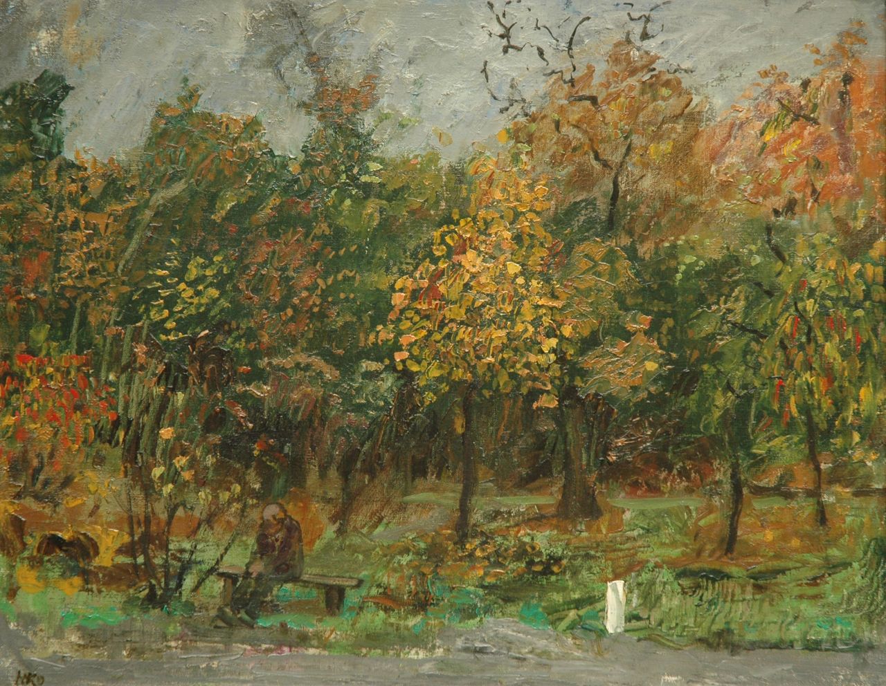 Kamerlingh Onnes H.H. | 'Harm' Henrick Kamerlingh Onnes, Man op een bankje in het park, olieverf op doek 41,8 x 51,6 cm, gesigneerd linksonder met monogram Kamerlingh Onnes H.H. | 'Harm' Henrick Kamerlingh Onnes, Man op een bankje in het park, olieverf op doek 41,8 x 51,6 cm, gesigneerd linksonder met monogram