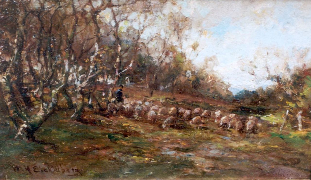 Eickelberg W.H. | Willem Hendrik Eickelberg, Herder met zijn kudde schapen, olieverf op paneel 12,8 x 21,5 cm, gesigneerd linksonder Eickelberg W.H. | Willem Hendrik Eickelberg, Herder met zijn kudde schapen, olieverf op paneel 12,8 x 21,5 cm, gesigneerd linksonder