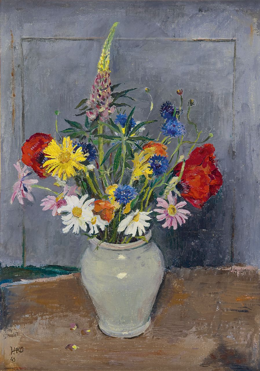 Kamerlingh Onnes H.H. | 'Harm' Henrick Kamerlingh Onnes, Zomerbloemen in grijze vaas, olieverf op doek op board 44,0 x 32,0 cm, gesigneerd linksonder met monogram en gedateerd '43 Kamerlingh Onnes H.H. | 'Harm' Henrick Kamerlingh Onnes, Zomerbloemen in grijze vaas, olieverf op doek op board 44,0 x 32,0 cm, gesigneerd linksonder met monogram en gedateerd '43