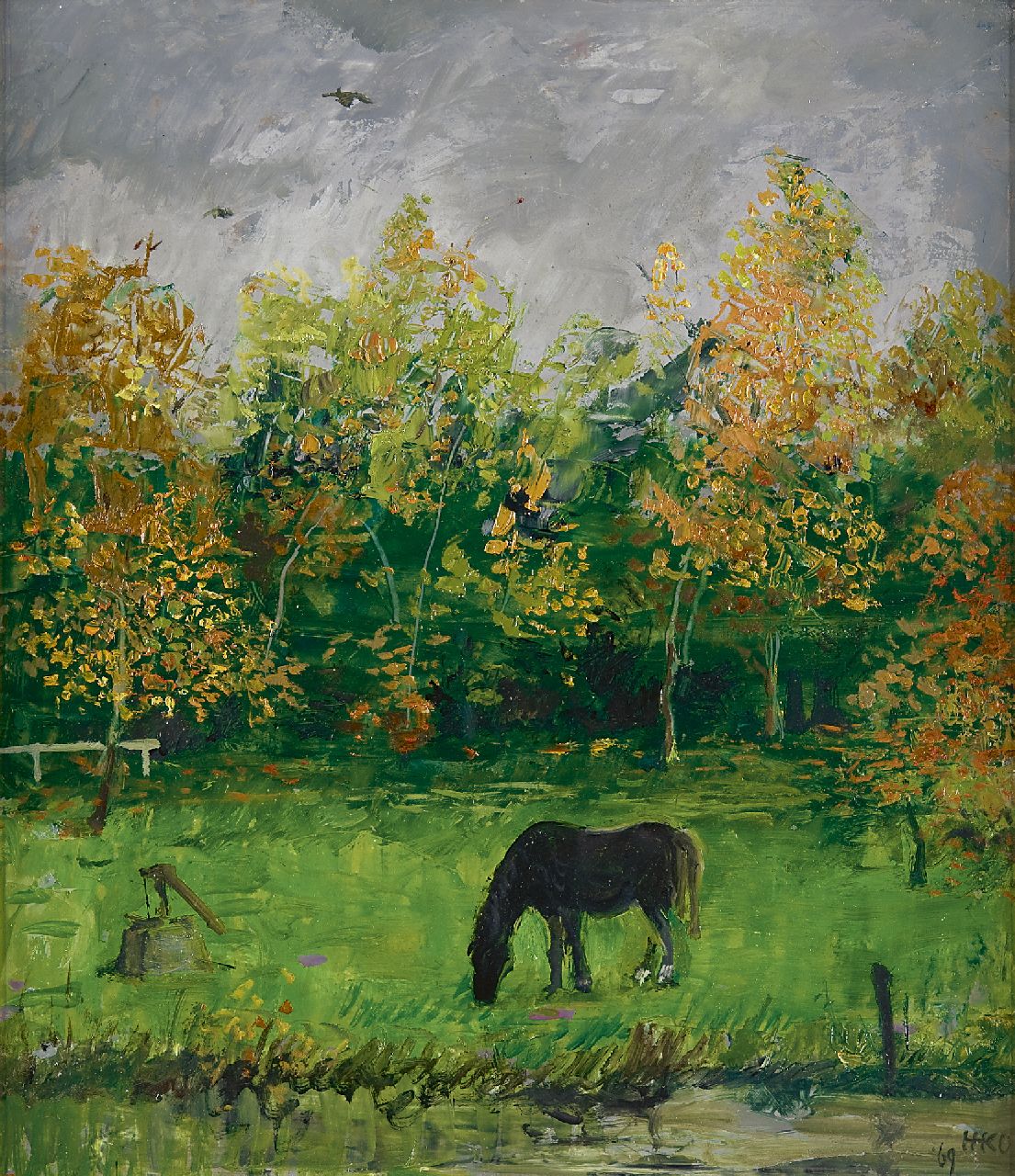 Harm Kamerlingh Onnes | Grazend zwart paard, olieverf op board, 36,8 x 32,4 cm, gesigneerd r.o. met monogram en gedateerd '69 Harm Kamerlingh Onnes | Grazend zwart paard, olieverf op board, 36,8 x 32,4 cm, gesigneerd r.o. met monogram en gedateerd '69