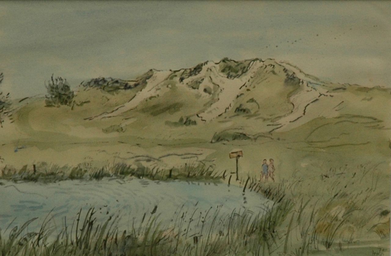 Kamerlingh Onnes H.H. | 'Harm' Henrick Kamerlingh Onnes, In de duinen, Terschelling, pen, inkt en aquarel op papier 17,5 x 25,5 cm, gesigneerd rechtsonder met monogram en gedateerd '71 Kamerlingh Onnes H.H. | 'Harm' Henrick Kamerlingh Onnes, In de duinen, Terschelling, pen, inkt en aquarel op papier 17,5 x 25,5 cm, gesigneerd rechtsonder met monogram en gedateerd '71