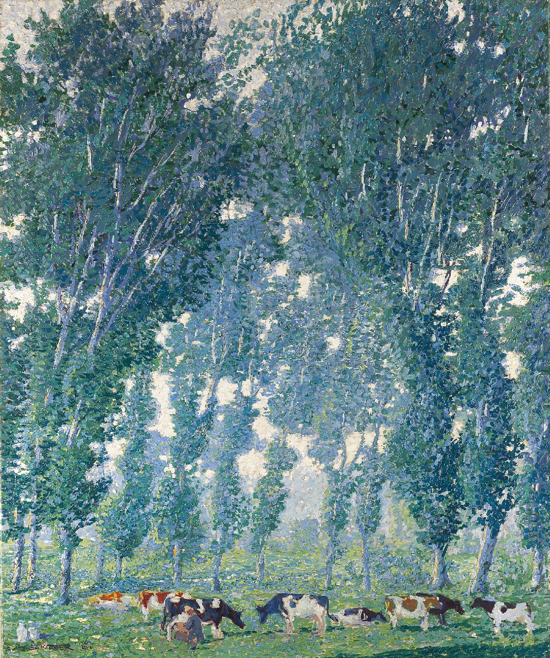 Gärtner F.A. | Friedrich Anton 'Fritz' Gärtner, Morgen; koeien onder populieren aan de Nederrijn, olieverf op doek 90,3 x 75,7 cm, gesigneerd linksonder en gedateerd 1916 Gärtner F.A. | Friedrich Anton 'Fritz' Gärtner, Morgen; koeien onder populieren aan de Nederrijn, olieverf op doek 90,3 x 75,7 cm, gesigneerd linksonder en gedateerd 1916
