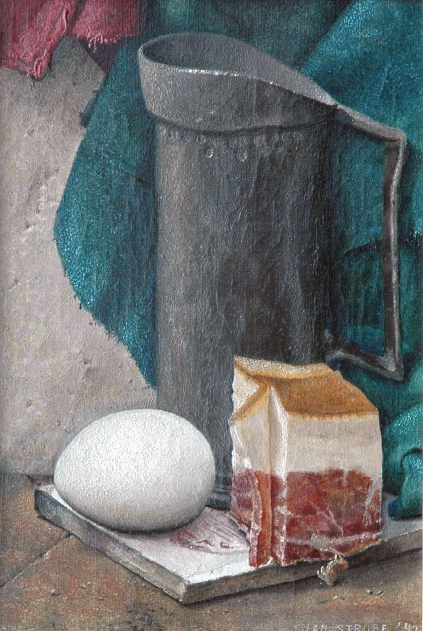 Strube J.H. | Johan Hendrik 'Jan' Strube, Stilleven met kan, ham en ei, olieverf op doek 25,0 x 17,7 cm, gesigneerd rechtsonder en gedateerd '42 Strube J.H. | Johan Hendrik 'Jan' Strube, Stilleven met kan, ham en ei, olieverf op doek 25,0 x 17,7 cm, gesigneerd rechtsonder en gedateerd '42