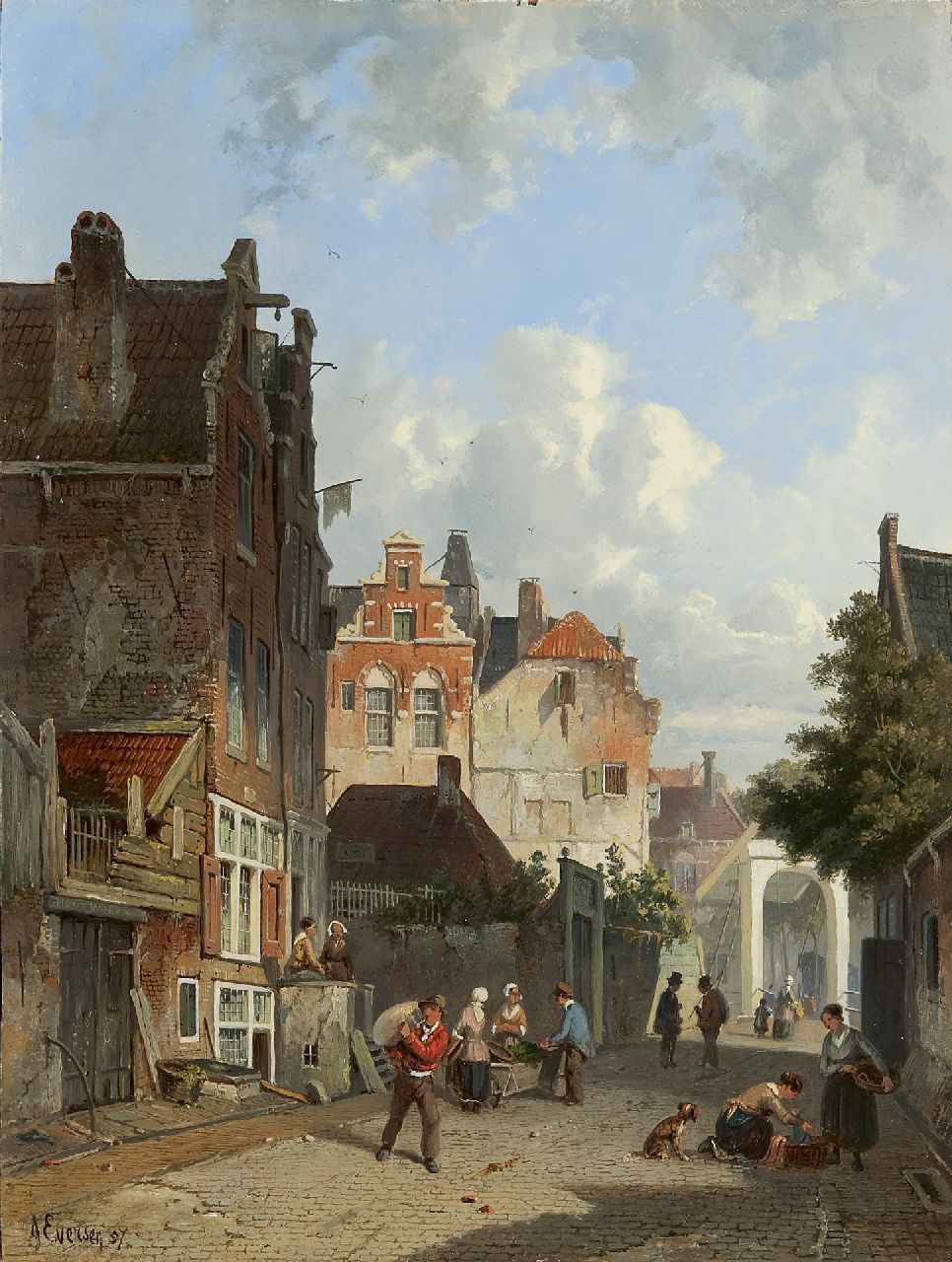 Eversen A.  | Adrianus Eversen, Hollands straatje met groenteverkoopster (pendant van 13815), olieverf op paneel 33,5 x 25,1 cm, gesigneerd linksonder en gedateerd '57