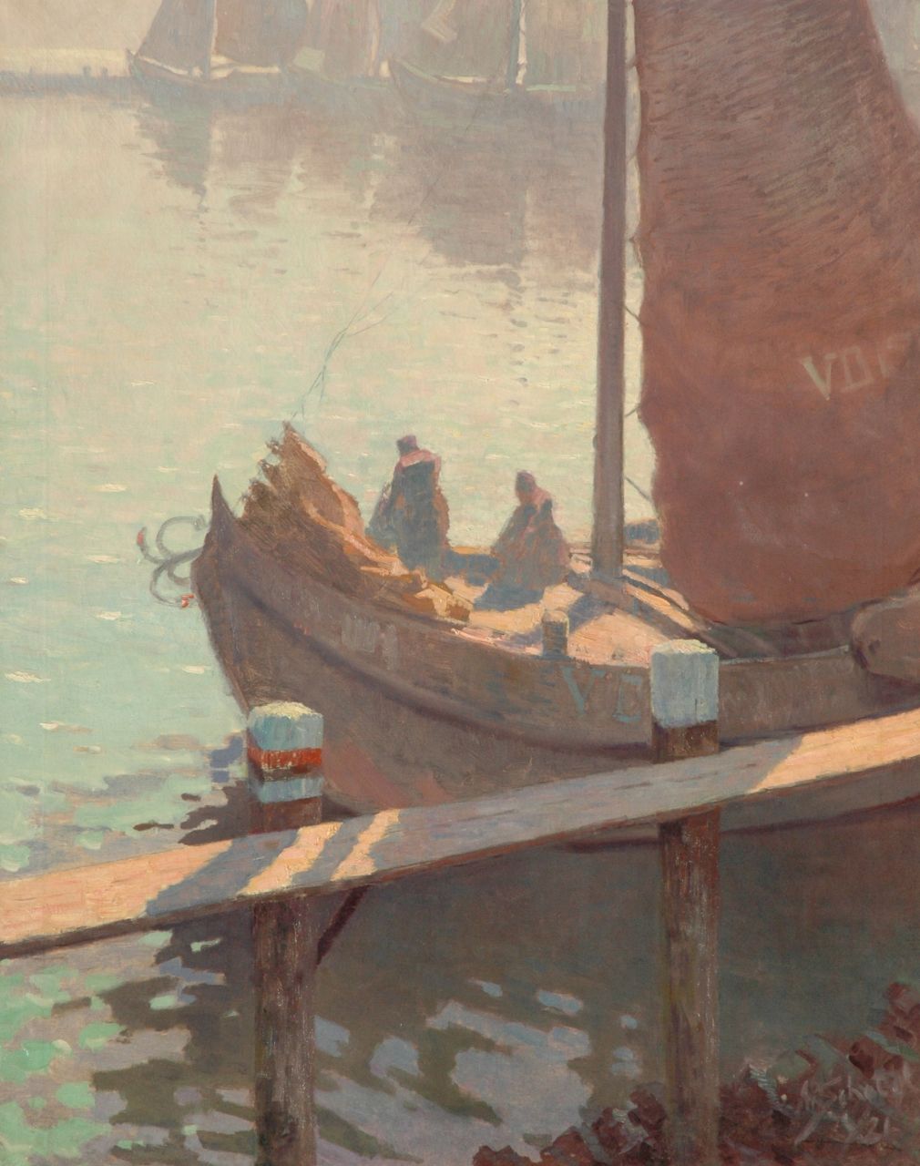 Schotel A.P. | Anthonie Pieter Schotel, Botter in de haven van Volendam, olieverf op doek 150,5 x 119,1 cm, gesigneerd rechtsonder en gedateerd '21 Schotel A.P. | Anthonie Pieter Schotel, Botter in de haven van Volendam, olieverf op doek 150,5 x 119,1 cm, gesigneerd rechtsonder en gedateerd '21