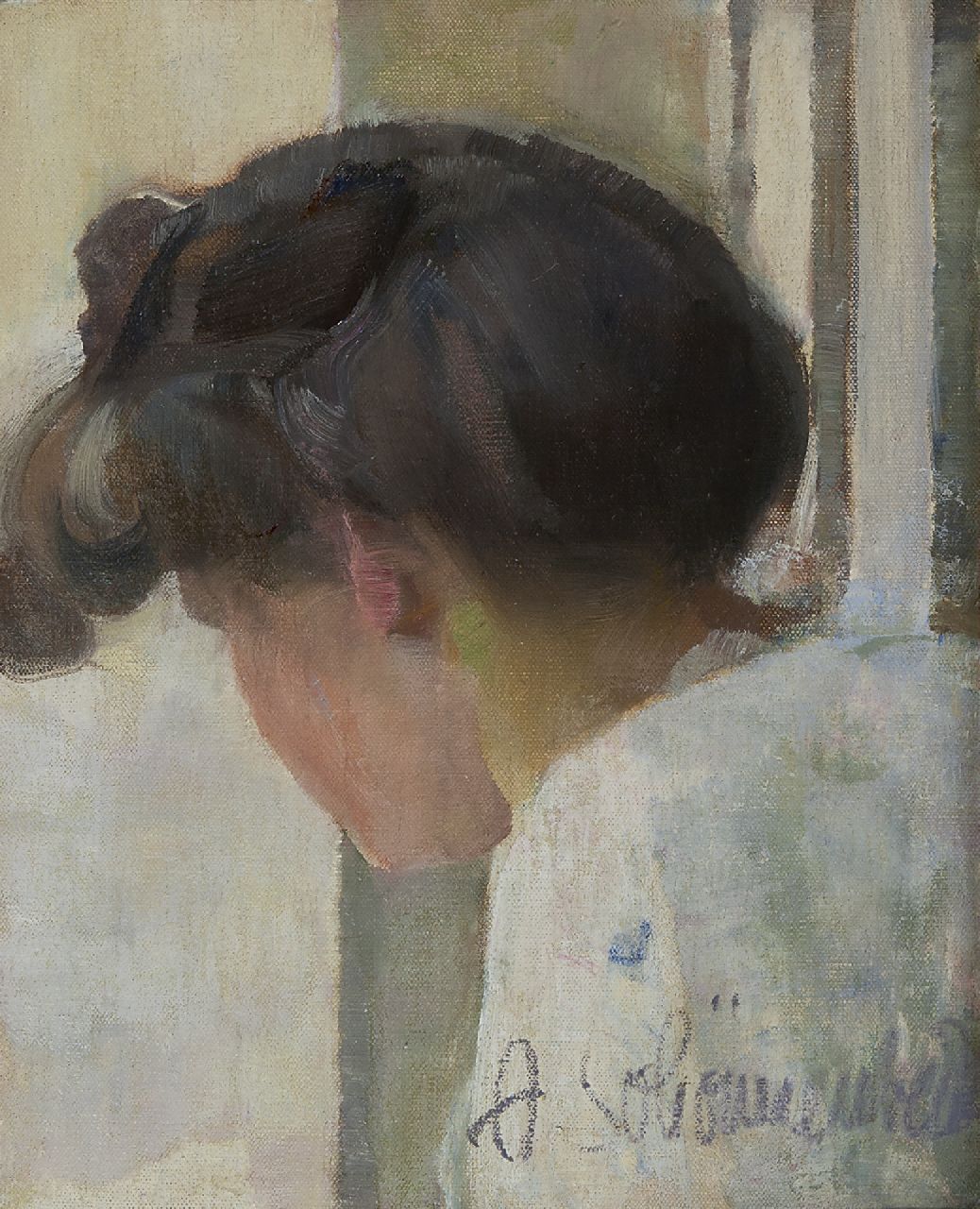 Schönnenbeck C.A. | Carl 'Adolf' Schönnenbeck | Schilderijen te koop aangeboden | Jonge modieuze vrouw, van opzij gezien, olieverf op doek 36,0 x 29,2 cm, gesigneerd rechtsonder Schönnenbeck C.A. | Carl 'Adolf' Schönnenbeck | Schilderijen te koop aangeboden | Jonge modieuze vrouw, van opzij gezien, olieverf op doek 36,0 x 29,2 cm, gesigneerd rechtsonder