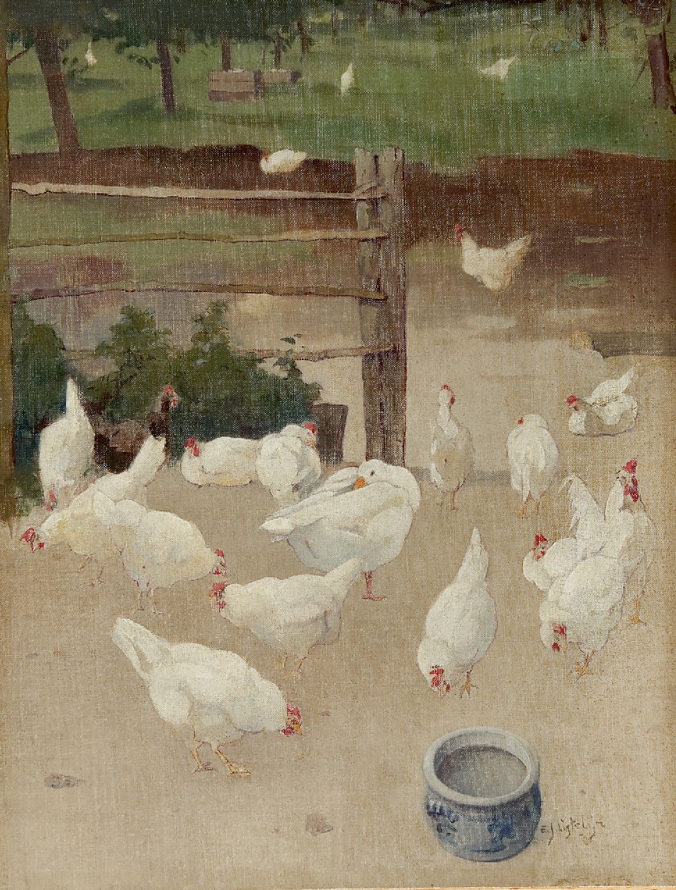 Ligtelijn E.J. | Evert Jan Ligtelijn, Gans en kippen op het erf, olieverf op doek op paneel 43,6 x 33,5 cm, gesigneerd rechtsonder Ligtelijn E.J. | Evert Jan Ligtelijn, Gans en kippen op het erf, olieverf op doek op paneel 43,6 x 33,5 cm, gesigneerd rechtsonder