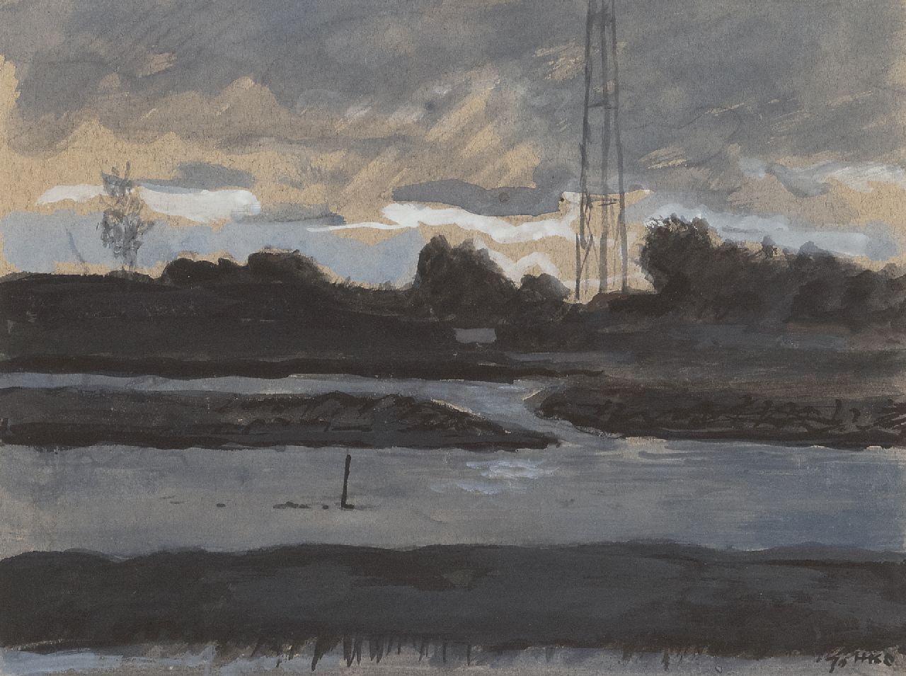 Kamerlingh Onnes H.H.  | 'Harm' Henrick Kamerlingh Onnes, Rivierlandschap, gouache op papier 22,0 x 29,0 cm, gesigneerd rechtsonder met monogram en gedateerd '70