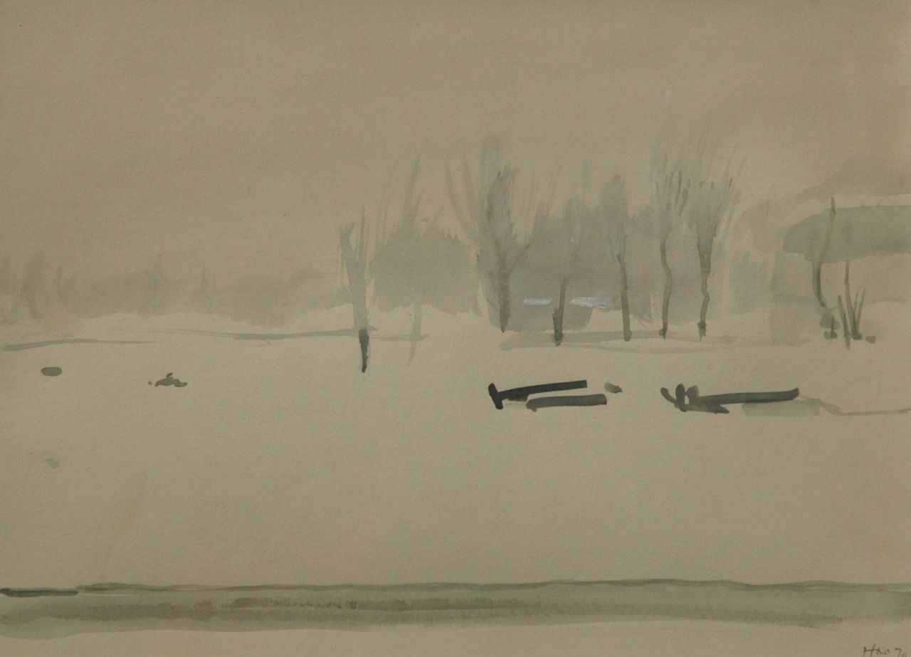 Kamerlingh Onnes H.H. | 'Harm' Henrick Kamerlingh Onnes, Winter in het park, aquarel op papier 22,2 x 29,9 cm, gesigneerd rechtsonder met monogram en gedateerd '70 Kamerlingh Onnes H.H. | 'Harm' Henrick Kamerlingh Onnes, Winter in het park, aquarel op papier 22,2 x 29,9 cm, gesigneerd rechtsonder met monogram en gedateerd '70