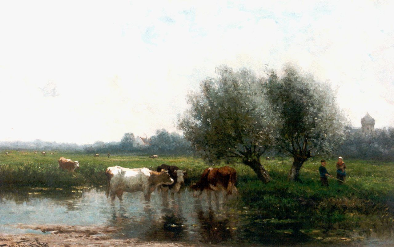 Vrolijk J.M. | Johannes Martinus 'Jan' Vrolijk, Polderlandschap met koeien en visser aan de waterkant, olieverf op paneel 52,3 x 81,6 cm, gesigneerd linksonder Vrolijk J.M. | Johannes Martinus 'Jan' Vrolijk, Polderlandschap met koeien en visser aan de waterkant, olieverf op paneel 52,3 x 81,6 cm, gesigneerd linksonder
