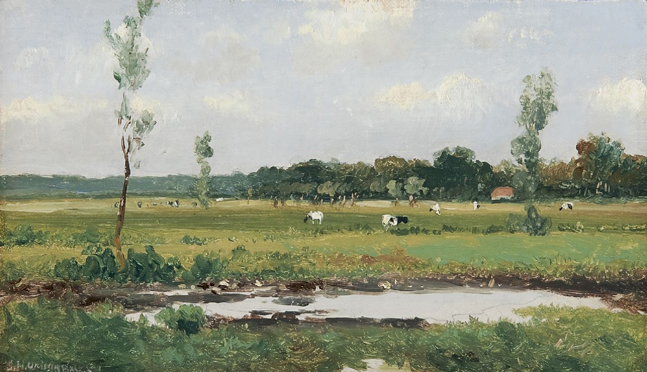Weissenbruch H.J. | Hendrik Johannes 'J.H.' Weissenbruch, Landschap met koeien, olieverf op doek op paneel 15,8 x 26,9 cm, gesigneerd linksonder Weissenbruch H.J. | Hendrik Johannes 'J.H.' Weissenbruch, Landschap met koeien, olieverf op doek op paneel 15,8 x 26,9 cm, gesigneerd linksonder