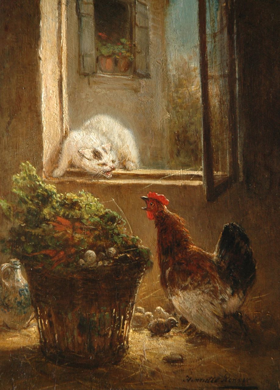 Ronner-Knip H.  | Henriette Ronner-Knip, De ongewenste gast, olieverf op paneel 23,7 x 17,3 cm, gesigneerd rechtsonder