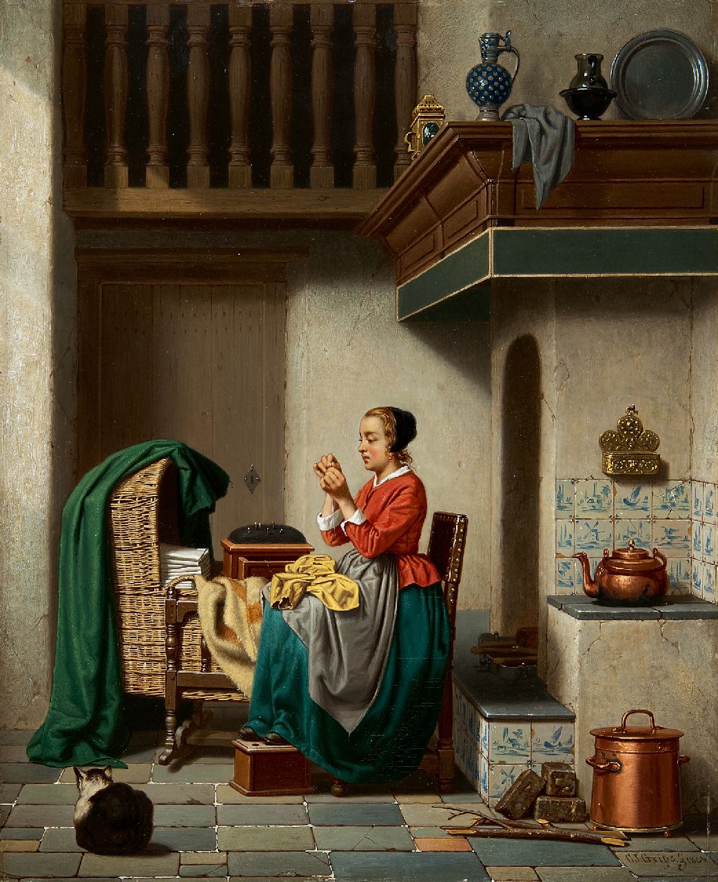 Grips C.J.  | Carel Jozeph Grips, Het verstelwerkje, olieverf op paneel 36,0 x 29,3 cm, gesigneerd rechtsonder en gedateerd 1864