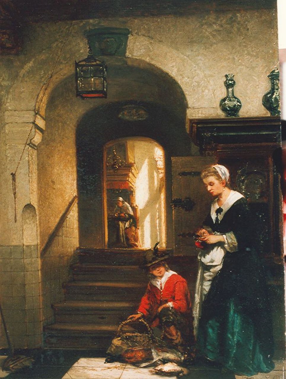 Stroebel J.A.B. | Johannes Anthonie Balthasar Stroebel, Interieur met verkoper van gevogelte, olieverf op paneel 33,5 x 25,5 cm, gesigneerd rechtsonder Stroebel J.A.B. | Johannes Anthonie Balthasar Stroebel, Interieur met verkoper van gevogelte, olieverf op paneel 33,5 x 25,5 cm, gesigneerd rechtsonder