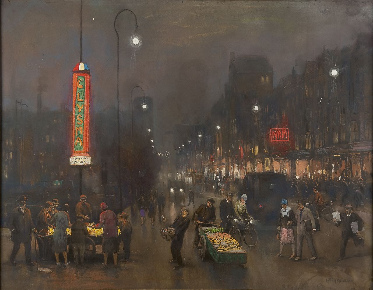 Heijenbrock J.C.H. | Johan Coenraad Hermann 'Herman' Heijenbrock, Avond op het Damrak te Amsterdam, pastel op papier 69,5 x 89,5 cm, gesigneerd rechtsonder Heijenbrock J.C.H. | Johan Coenraad Hermann 'Herman' Heijenbrock, Avond op het Damrak te Amsterdam, pastel op papier 69,5 x 89,5 cm, gesigneerd rechtsonder