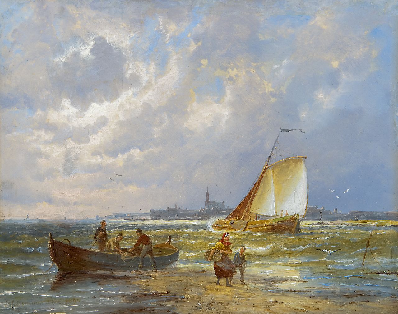 Dommershuijzen P.C.  | Pieter Cornelis Dommershuijzen, Vissers bij een rivier, mogelijk bij Kampen, olieverf op paneel 20,2 x 25,3 cm, gesigneerd linksonder en gedateerd 1891