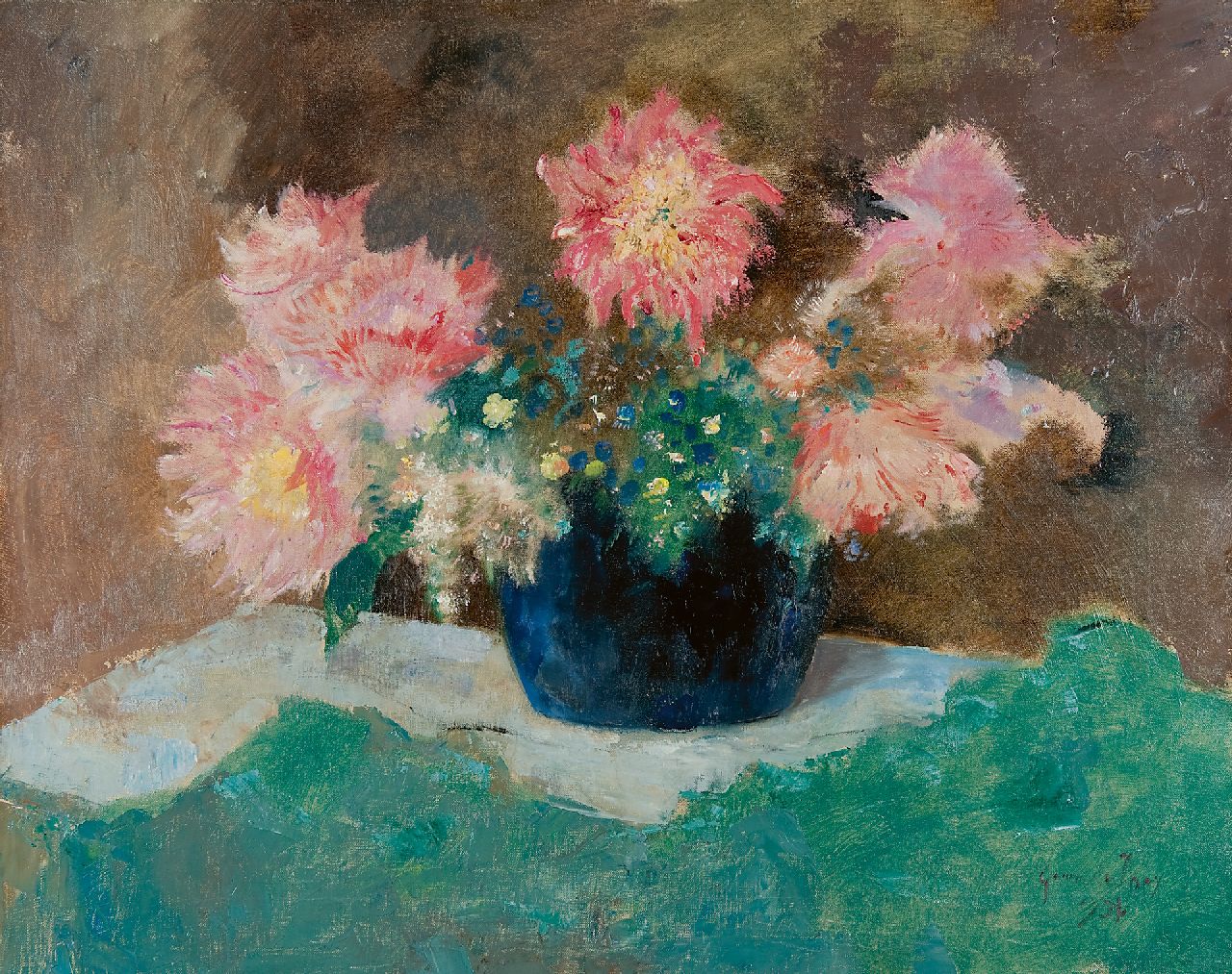 Jong G. de | Gerben 'Germ' de Jong, Dahlia's in blauwe vaas, olieverf op doek 65,7 x 81,2 cm, gesigneerd rechtsonder en gedateerd 1936