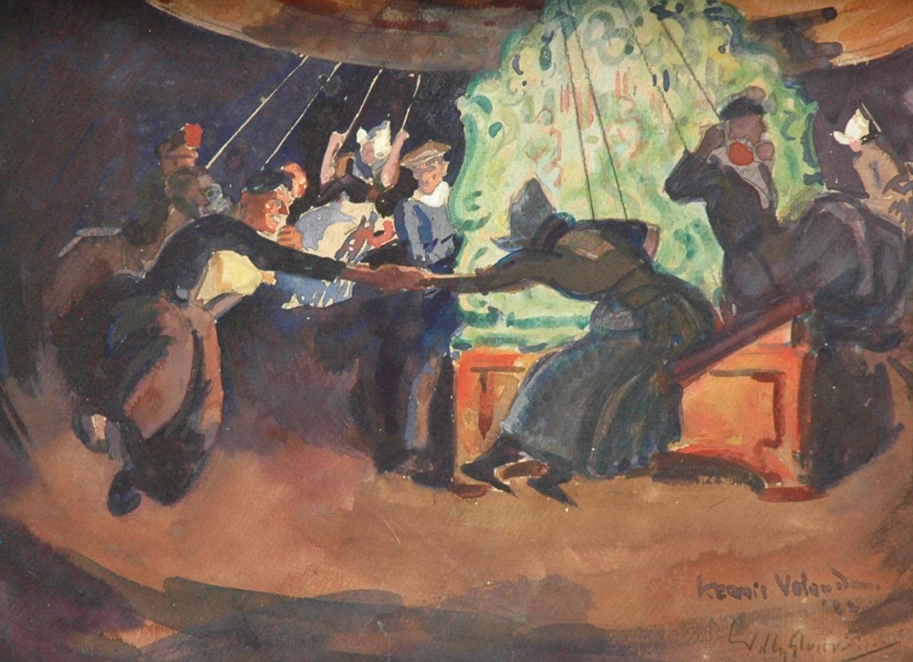 Sluiter J.W.  | Jan Willem 'Willy' Sluiter, Kermis Volendam: in de zweefmolen, aquarel en gouache op papier 26,8 x 33,0 cm, gesigneerd rechtsonder en gedateerd '22