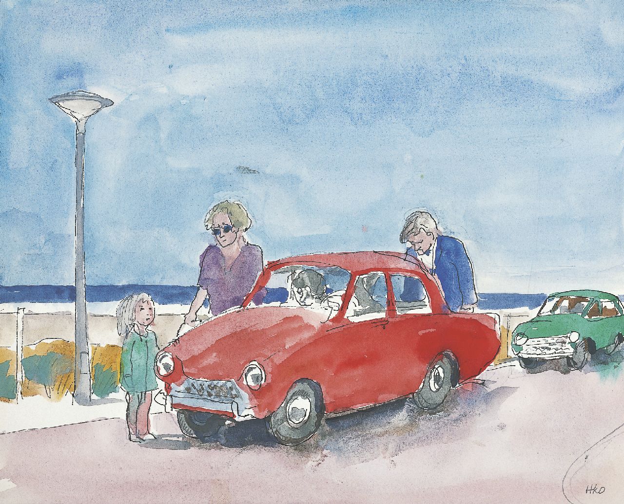 Kamerlingh Onnes H.H.  | 'Harm' Henrick Kamerlingh Onnes, Een dagje uit met de Daf, pen, inkt en aquarel op papier 20,9 x 25,5 cm, gesigneerd rechtsonder met monogram