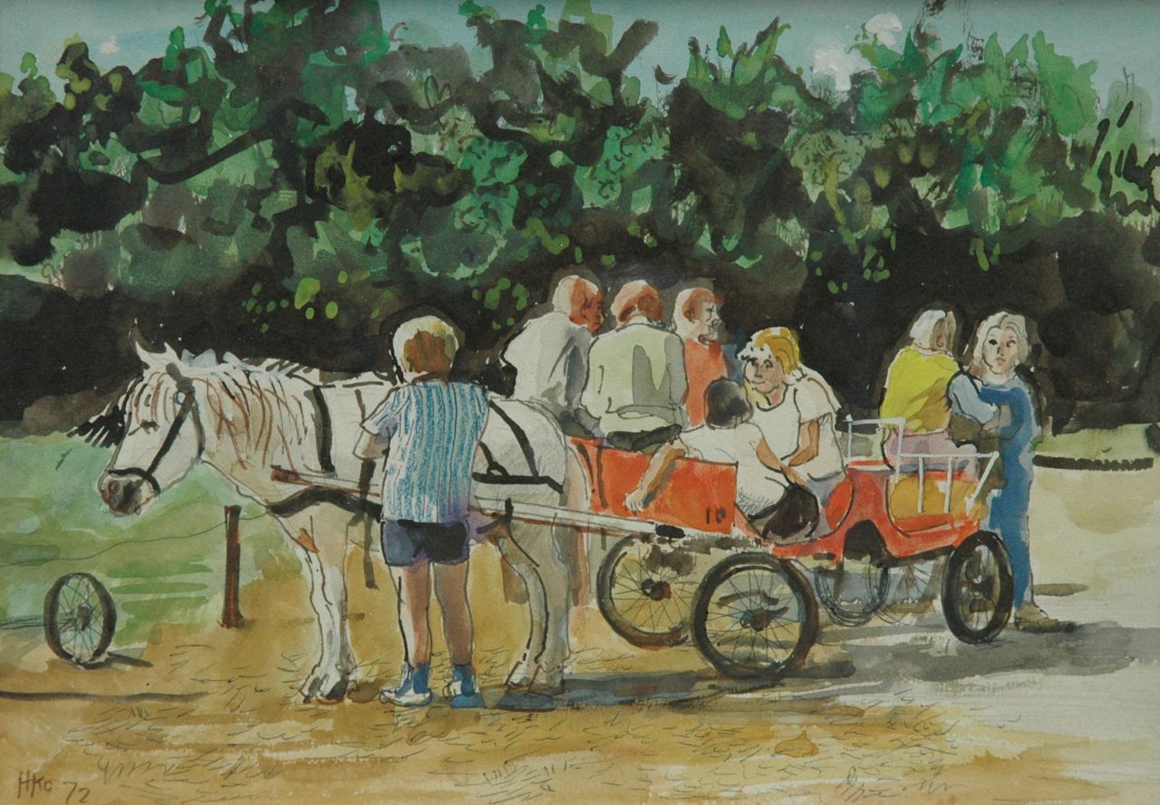 Kamerlingh Onnes H.H.  | 'Harm' Henrick Kamerlingh Onnes, In de ponywagen, potlood, pen en aquarel op papier 16,2 x 23,3 cm, gesigneerd linksonder met monogram en gedateerd '72