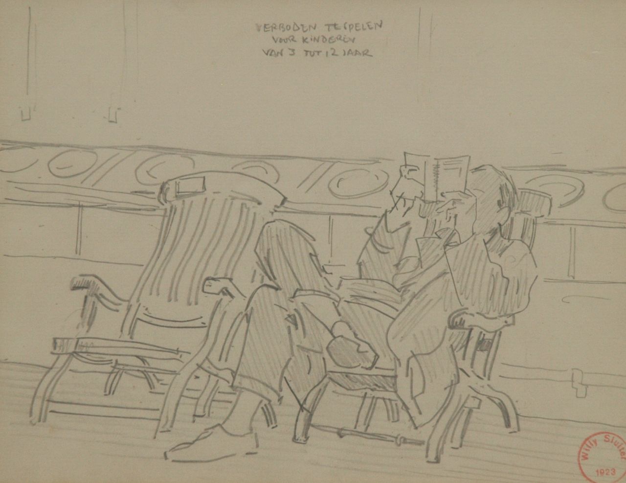 Sluiter J.W. | Jan Willem 'Willy' Sluiter, Aan dek op weg naar Indië, potlood op papier 17,3 x 21,8 cm, gesigneerd r.o en verso met naamstempel en gedateerd 1923 Sluiter J.W. | Jan Willem 'Willy' Sluiter, Aan dek op weg naar Indië, potlood op papier 17,3 x 21,8 cm, gesigneerd r.o en verso met naamstempel en gedateerd 1923