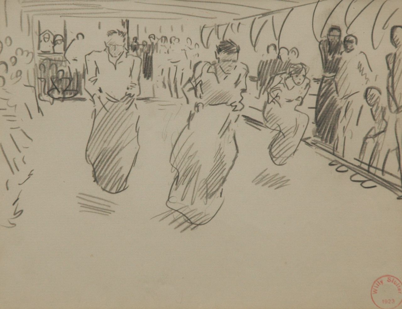 Sluiter J.W. | Jan Willem 'Willy' Sluiter, Zakloopwedstrijd aan dek, potlood op papier 17,3 x 21,7 cm, gesigneerd rechtsonder en verso met naamstempel en gedateerd 1923 Sluiter J.W. | Jan Willem 'Willy' Sluiter, Zakloopwedstrijd aan dek, potlood op papier 17,3 x 21,7 cm, gesigneerd rechtsonder en verso met naamstempel en gedateerd 1923