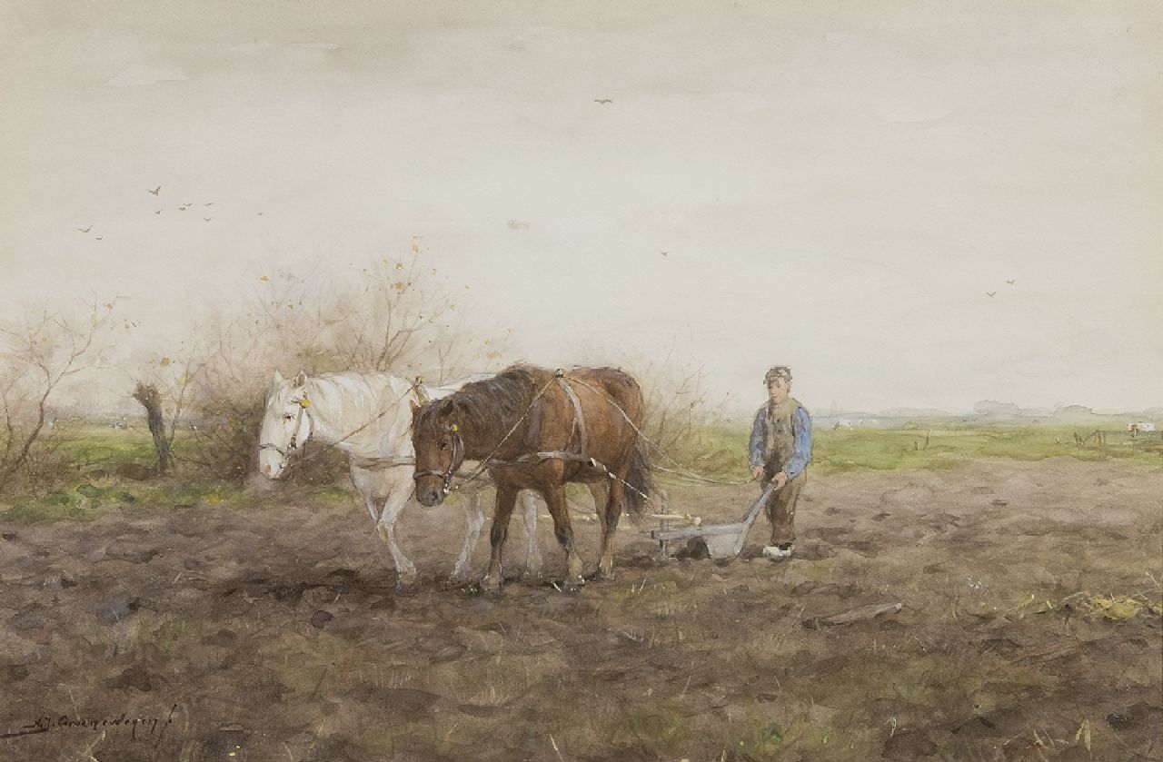 Groenewegen A.J. | Adrianus Johannes Groenewegen | Aquarellen en tekeningen te koop aangeboden | Ploegende boer, aquarel op papier 35,2 x 52,4 cm, gesigneerd linksonder Groenewegen A.J. | Adrianus Johannes Groenewegen | Aquarellen en tekeningen te koop aangeboden | Ploegende boer, aquarel op papier 35,2 x 52,4 cm, gesigneerd linksonder