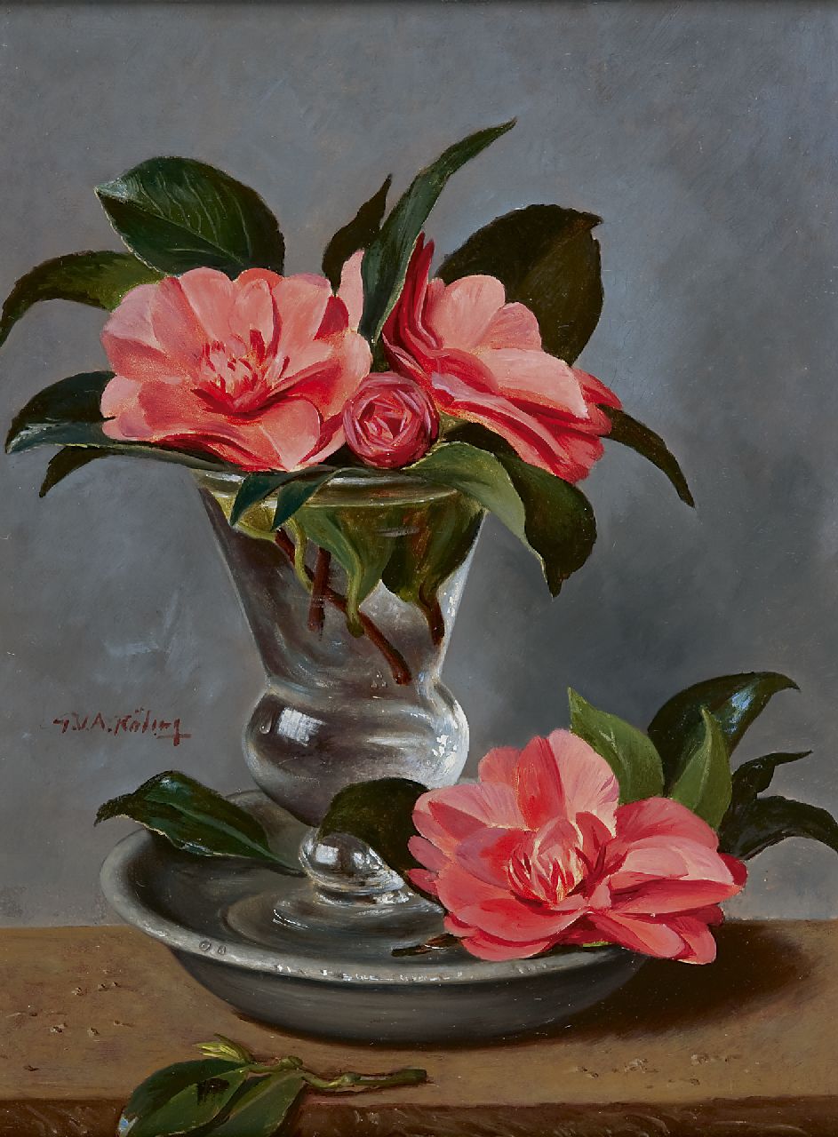 Röling G.V.A. | Gerard Victor Alphons 'Gé' Röling, Stilleven met camelia's, olieverf op board 40,2 x 29,5 cm, gesigneerd links van het midden Röling G.V.A. | Gerard Victor Alphons 'Gé' Röling, Stilleven met camelia's, olieverf op board 40,2 x 29,5 cm, gesigneerd links van het midden