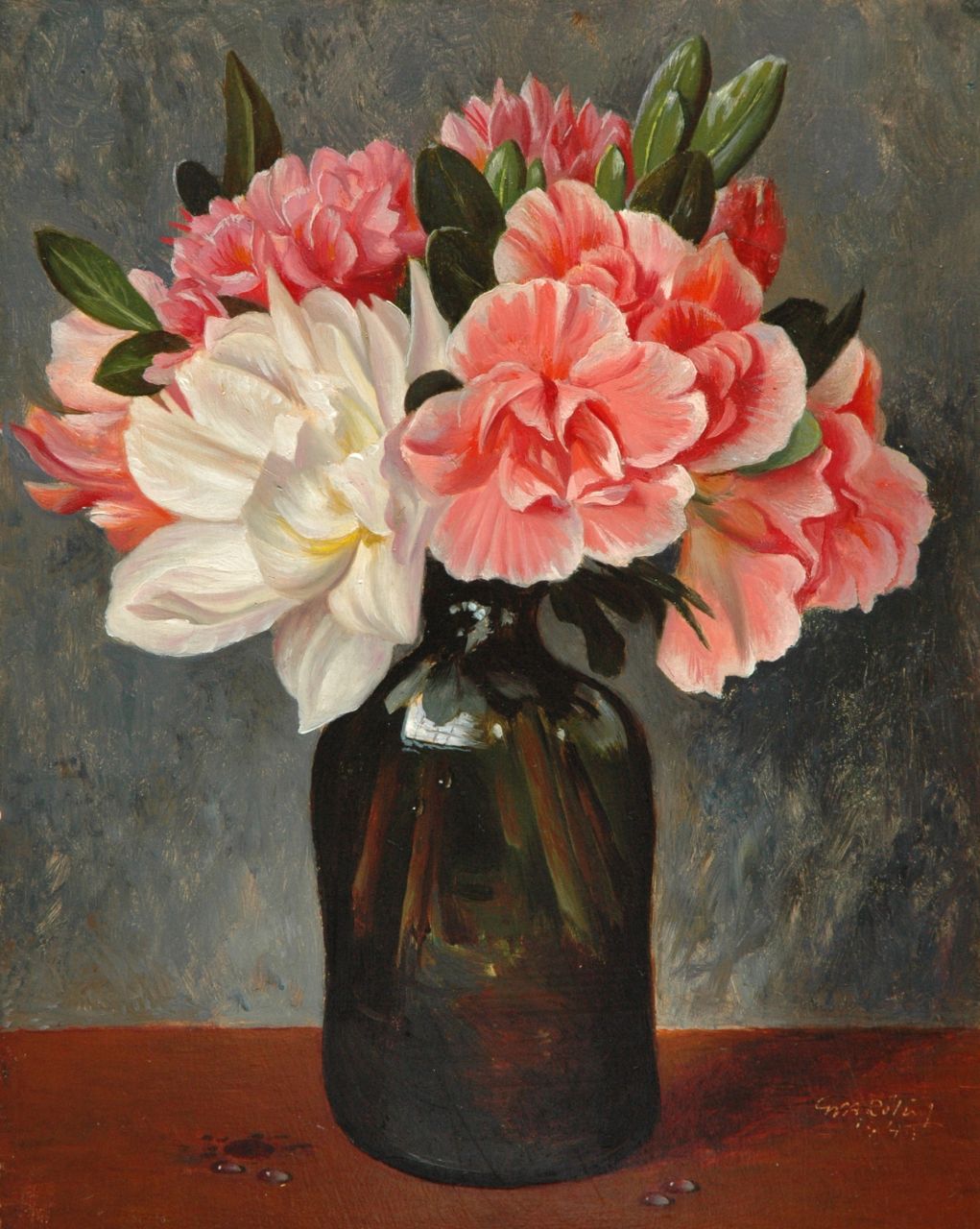 Röling G.V.A. | Gerard Victor Alphons 'Gé' Röling, Bloemen in glazen flesje, olieverf op board 25,2 x 20,2 cm, gesigneerd rechtsonder en gedateerd 1945 Röling G.V.A. | Gerard Victor Alphons 'Gé' Röling, Bloemen in glazen flesje, olieverf op board 25,2 x 20,2 cm, gesigneerd rechtsonder en gedateerd 1945