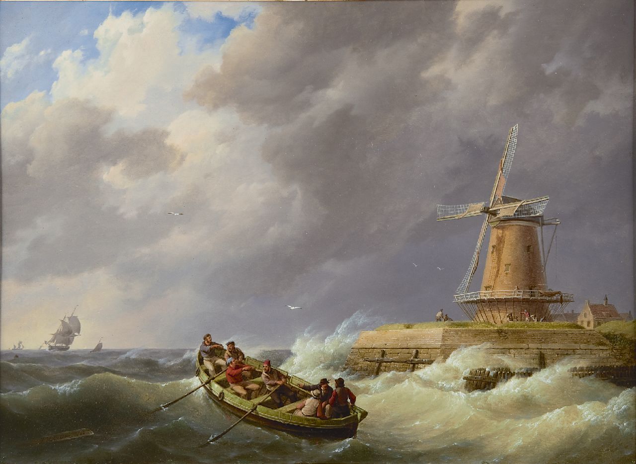 Koekkoek J.H. | Johannes Hermanus Koekkoek, Roeiboot bij een haveningang, Zeeland, olieverf op paneel 37,3 x 50,5 cm, gesigneerd linksonder en gedateerd 1844 Koekkoek J.H. | Johannes Hermanus Koekkoek, Roeiboot bij een haveningang, Zeeland, olieverf op paneel 37,3 x 50,5 cm, gesigneerd linksonder en gedateerd 1844