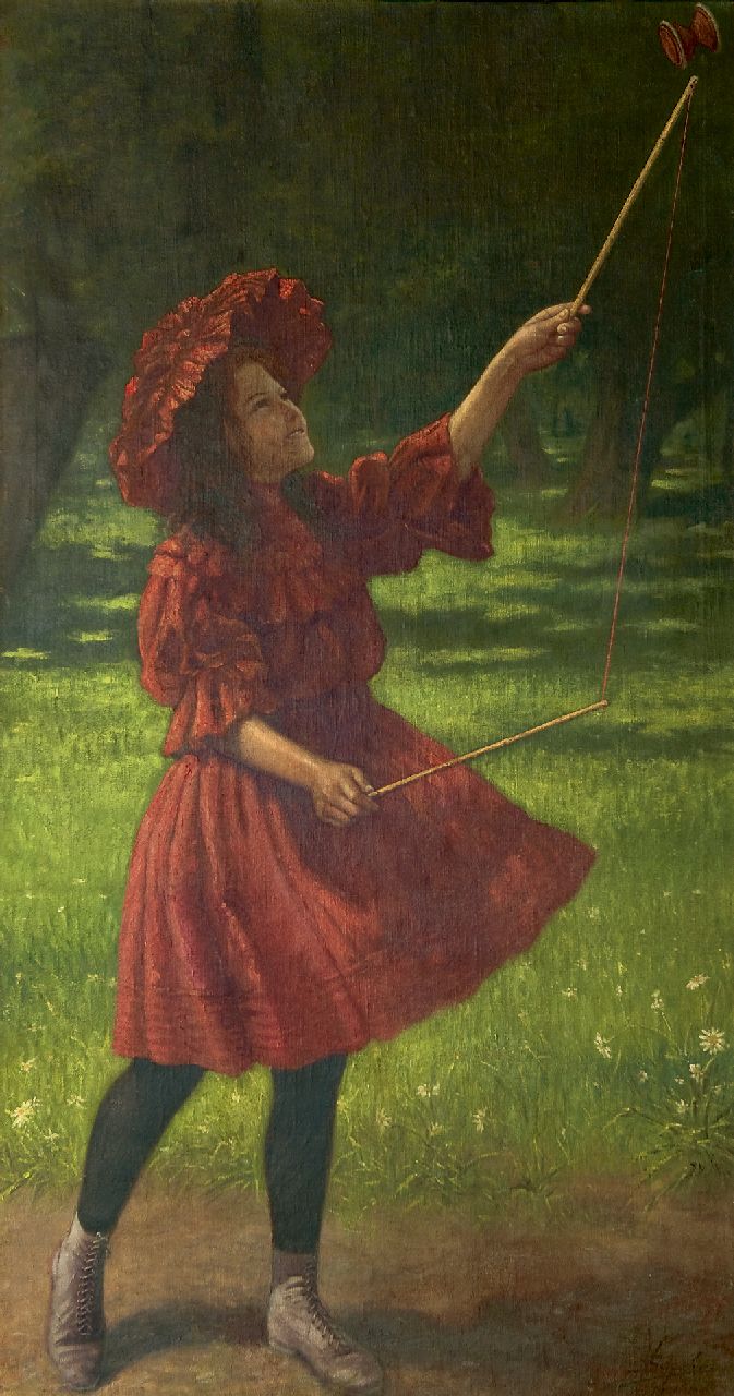 Schiavon V. | Vittorio Schiavon, Meisje met diabolo, olieverf op doek 155,1 x 81,5 cm, gesigneerd rechtsonder Schiavon V. | Vittorio Schiavon, Meisje met diabolo, olieverf op doek 155,1 x 81,5 cm, gesigneerd rechtsonder