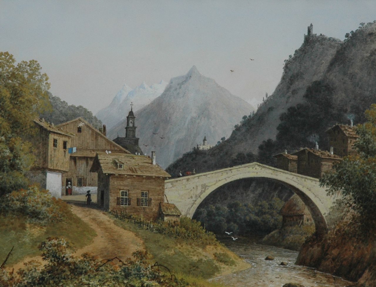 Knip J.A. | Josephus Augustus Knip, Gezicht op de brug van Binn met de Matterhorn, Zwitserland, aquarel en gouache op papier 22,1 x 29,1 cm, gedateerd op loden beschermblad Junij 1842 Knip J.A. | Josephus Augustus Knip, Gezicht op de brug van Binn met de Matterhorn, Zwitserland, aquarel en gouache op papier 22,1 x 29,1 cm, gedateerd op loden beschermblad Junij 1842