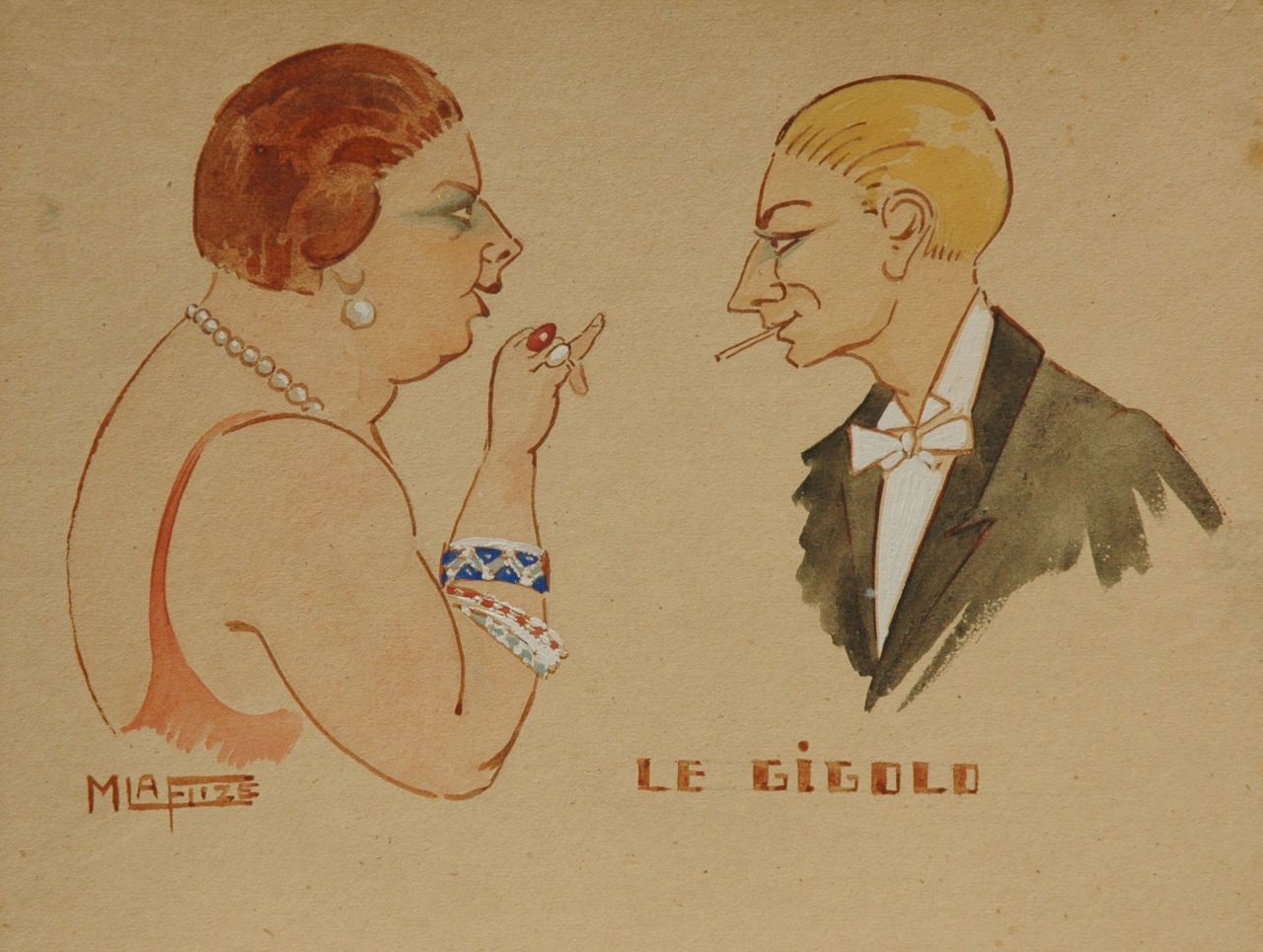 Flize M. la | Maurice la Flize, De gigolo, aquarel en gouache op papier op karton 17,4 x 22,9 cm, gesigneerd linksonder Flize M. la | Maurice la Flize, De gigolo, aquarel en gouache op papier op karton 17,4 x 22,9 cm, gesigneerd linksonder
