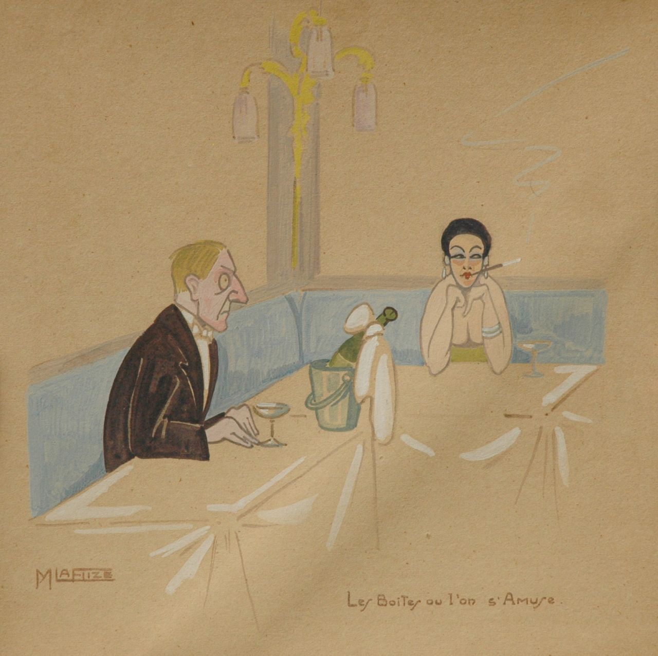 Flize M. la | Maurice la Flize, De swingende nachtclub, aquarel op papier op karton 23,2 x 23,4 cm, gesigneerd linksonder Flize M. la | Maurice la Flize, De swingende nachtclub, aquarel op papier op karton 23,2 x 23,4 cm, gesigneerd linksonder