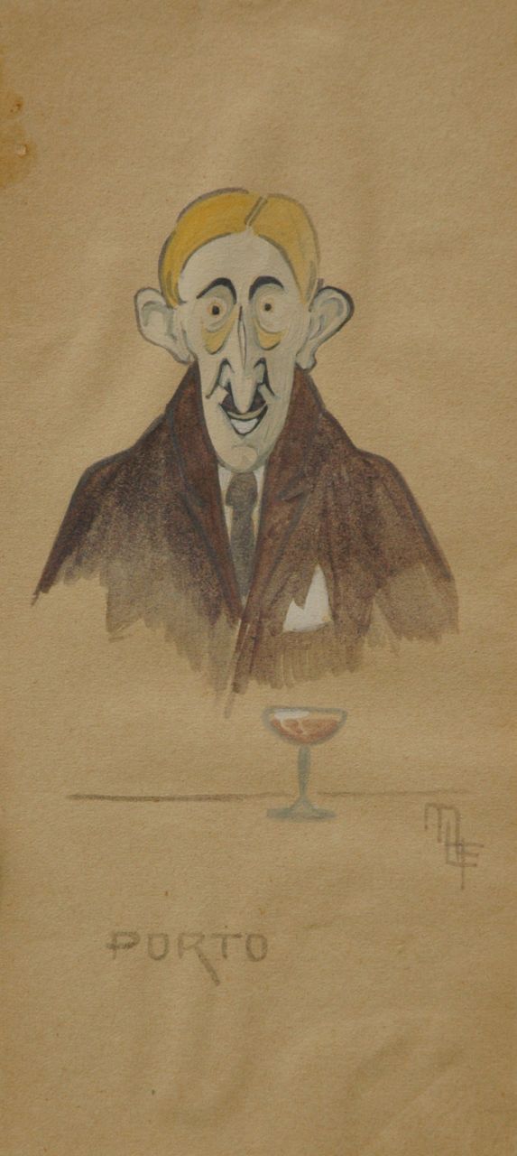 Flize M. la | Maurice la Flize, De liefhebber van port, aquarel op papier op karton 20,6 x 10,0 cm, gesigneerd rechtsonder met monogram Flize M. la | Maurice la Flize, De liefhebber van port, aquarel op papier op karton 20,6 x 10,0 cm, gesigneerd rechtsonder met monogram