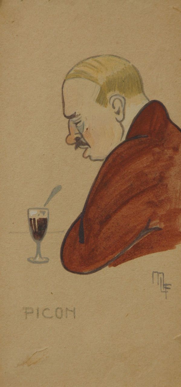 Flize M. la | Maurice la Flize, Het glaasje picon, aquarel op karton 20,1 x 9,7 cm, gesigneerd rechtsonder met monogram Flize M. la | Maurice la Flize, Het glaasje picon, aquarel op karton 20,1 x 9,7 cm, gesigneerd rechtsonder met monogram