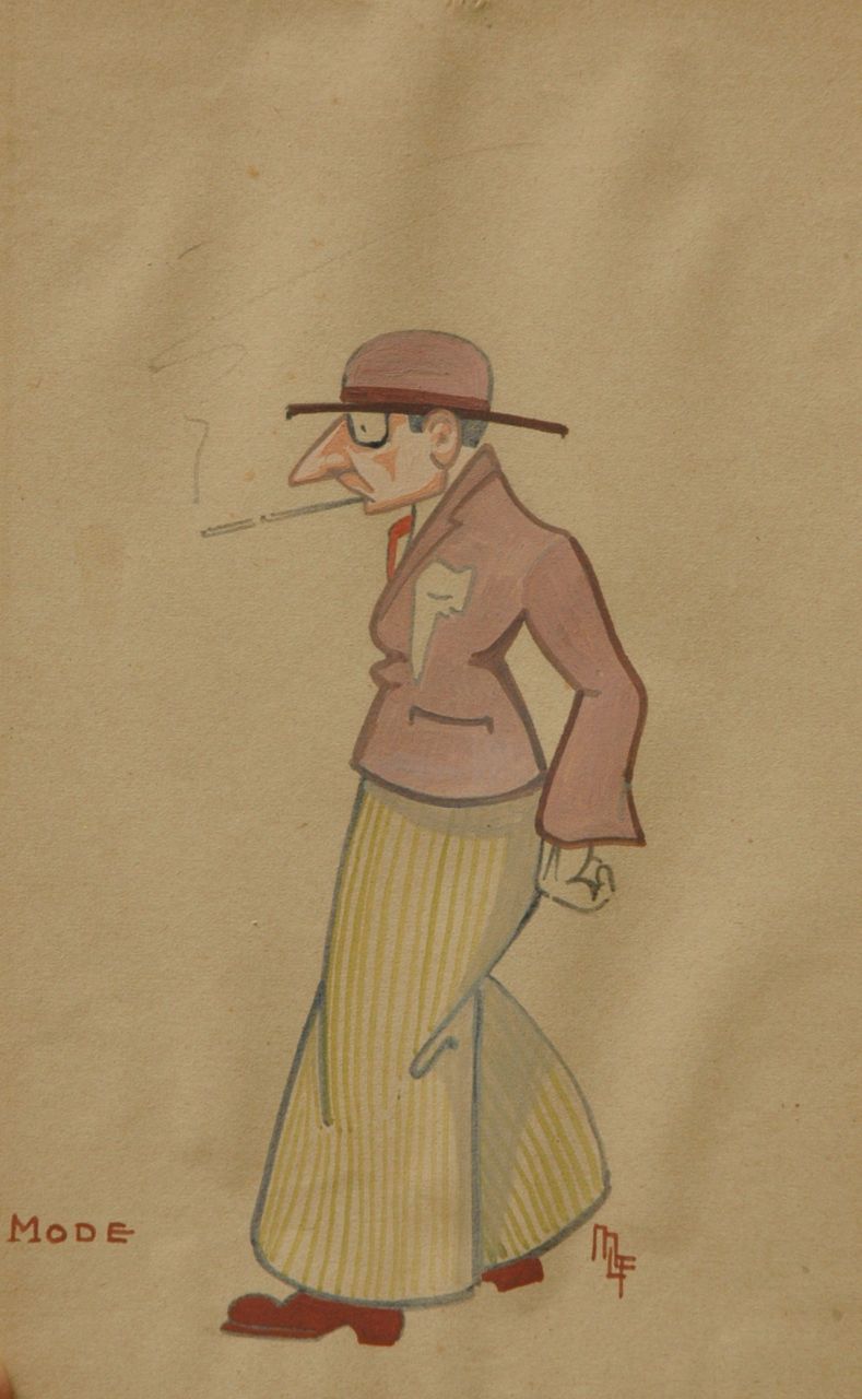 Flize M. la | Maurice la Flize, De verstokte dandy, aquarel op papier op karton 22,8 x 14,4 cm, gesigneerd rechtsonder met monogram Flize M. la | Maurice la Flize, De verstokte dandy, aquarel op papier op karton 22,8 x 14,4 cm, gesigneerd rechtsonder met monogram