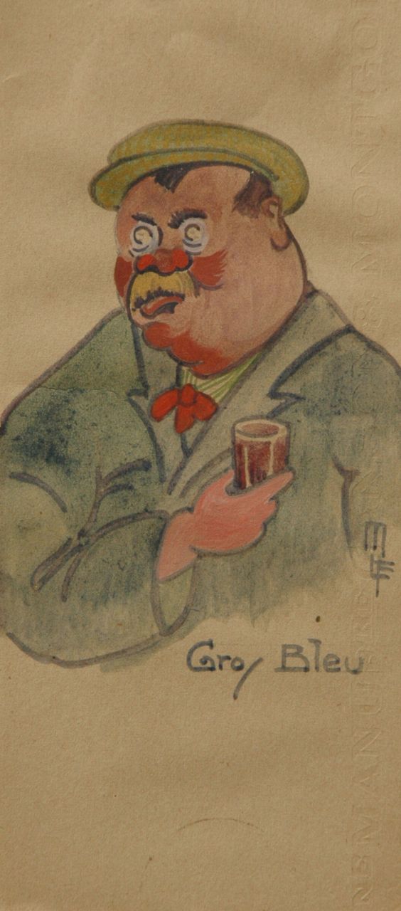 Flize M. la | Maurice la Flize, Het laatste glaasje, aquarel op papier op karton 22,3 x 9,3 cm, gesigneerd rechtsonder met monogram Flize M. la | Maurice la Flize, Het laatste glaasje, aquarel op papier op karton 22,3 x 9,3 cm, gesigneerd rechtsonder met monogram