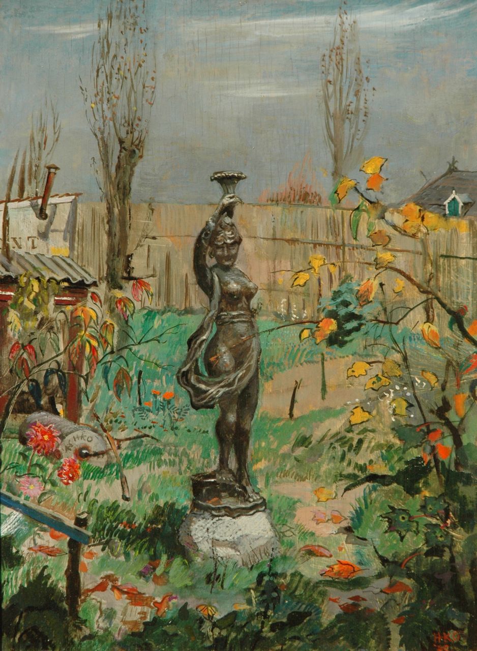 Kamerlingh Onnes H.H. | 'Harm' Henrick Kamerlingh Onnes, Het tuinbeeld, olieverf op paneel 37,2 x 27,2 cm, gesigneerd met monogram rechtsonder en links van het midden en gedateerd '45 r.o. en '46 l.m. Kamerlingh Onnes H.H. | 'Harm' Henrick Kamerlingh Onnes, Het tuinbeeld, olieverf op paneel 37,2 x 27,2 cm, gesigneerd met monogram rechtsonder en links van het midden en gedateerd '45 r.o. en '46 l.m.