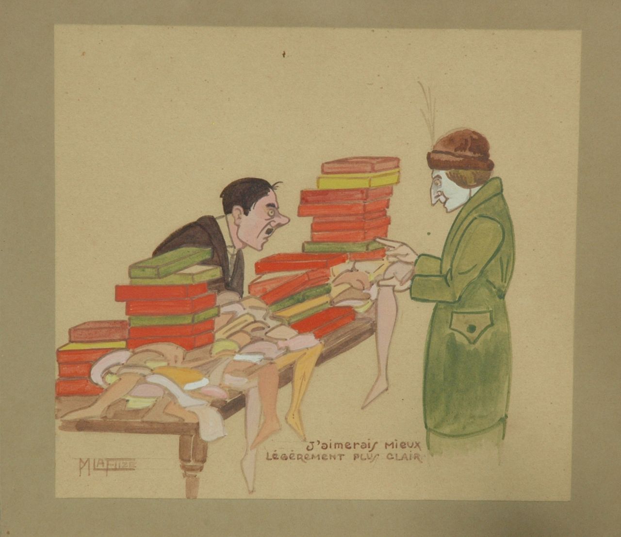 Flize M. la | Maurice la Flize, De lastige klant: 'Ik wil ze nog iets lichter', aquarel en gouache op papier op karton 19,8 x 21,8 cm, gesigneerd linksonder Flize M. la | Maurice la Flize, De lastige klant: 'Ik wil ze nog iets lichter', aquarel en gouache op papier op karton 19,8 x 21,8 cm, gesigneerd linksonder