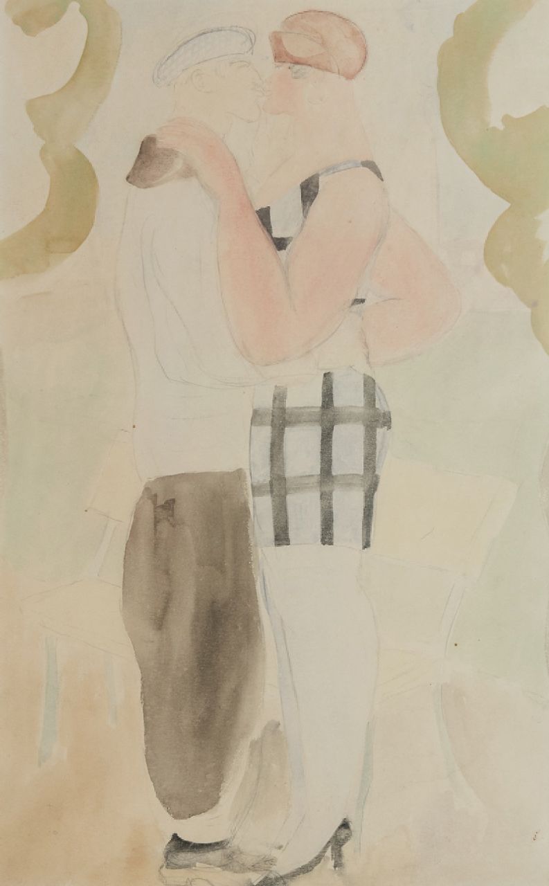 Erfmann F.G. | 'Ferdinand' George Erfmann | Aquarellen en tekeningen te koop aangeboden | De kus, potlood en aquarel op papier 50,0 x 32,7 cm Erfmann F.G. | 'Ferdinand' George Erfmann | Aquarellen en tekeningen te koop aangeboden | De kus, potlood en aquarel op papier 50,0 x 32,7 cm