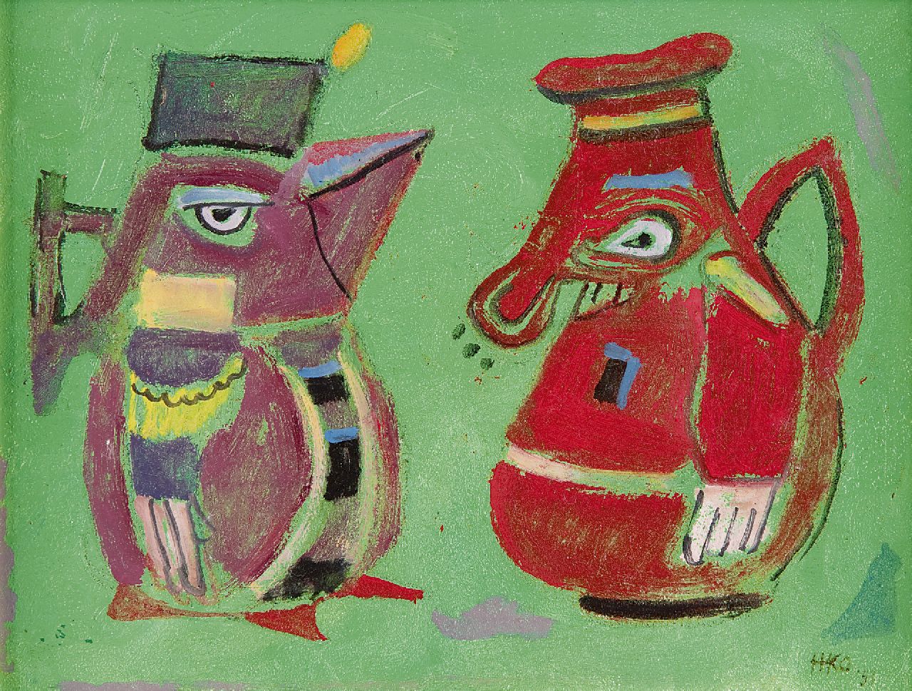 Kamerlingh Onnes H.H. | 'Harm' Henrick Kamerlingh Onnes, De schenkers, olieverf op board 18,5 x 24,3 cm, gesigneerd rechtsonder met monogram en gedateerd '53 Kamerlingh Onnes H.H. | 'Harm' Henrick Kamerlingh Onnes, De schenkers, olieverf op board 18,5 x 24,3 cm, gesigneerd rechtsonder met monogram en gedateerd '53