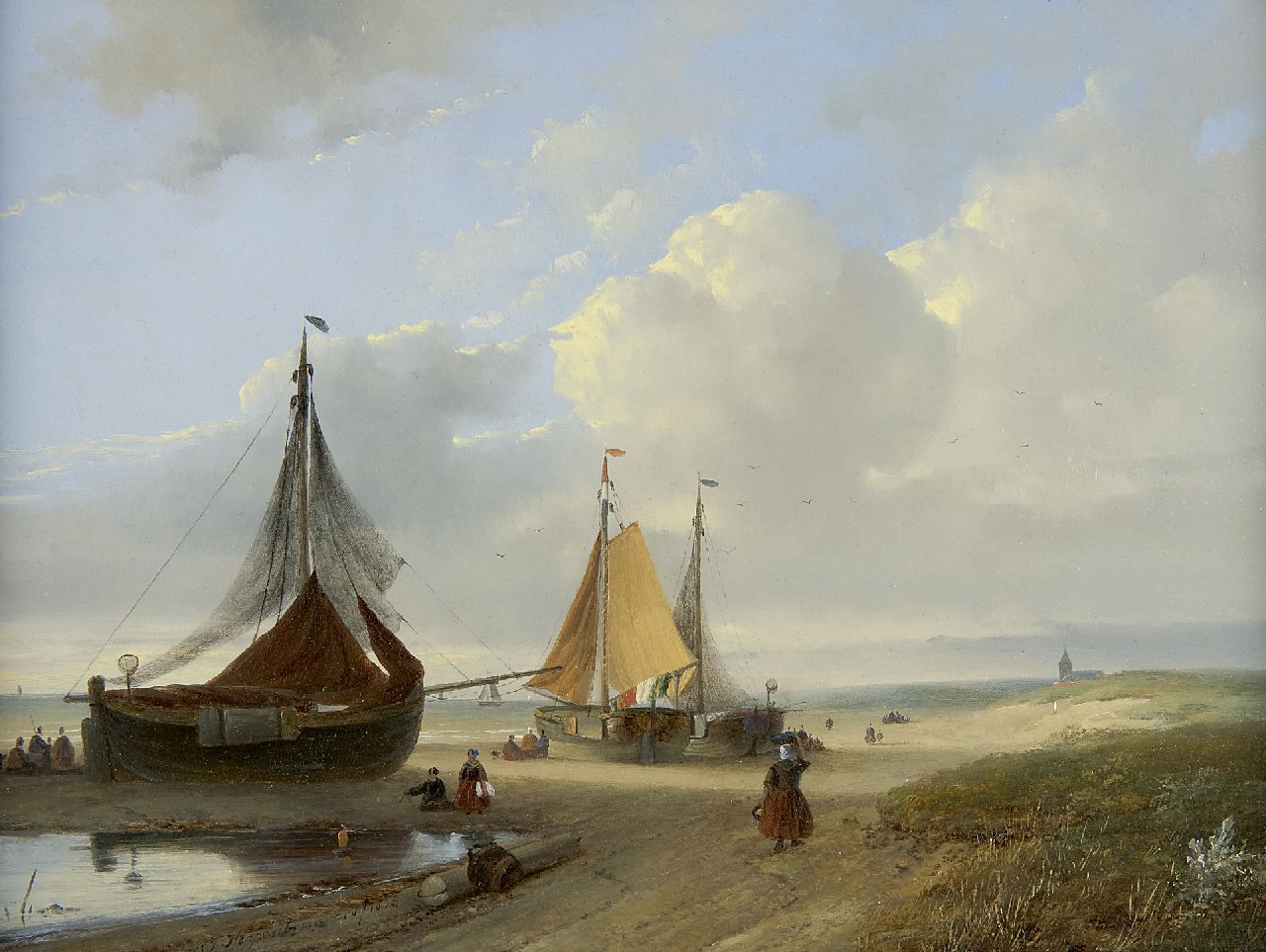 Hoppenbrouwers J.F. | Johannes Franciscus Hoppenbrouwers, Bomschuiten op het strand, olieverf op paneel 28,4 x 37,4 cm, gesigneerd linksonder en gedateerd 1853 Hoppenbrouwers J.F. | Johannes Franciscus Hoppenbrouwers, Bomschuiten op het strand, olieverf op paneel 28,4 x 37,4 cm, gesigneerd linksonder en gedateerd 1853