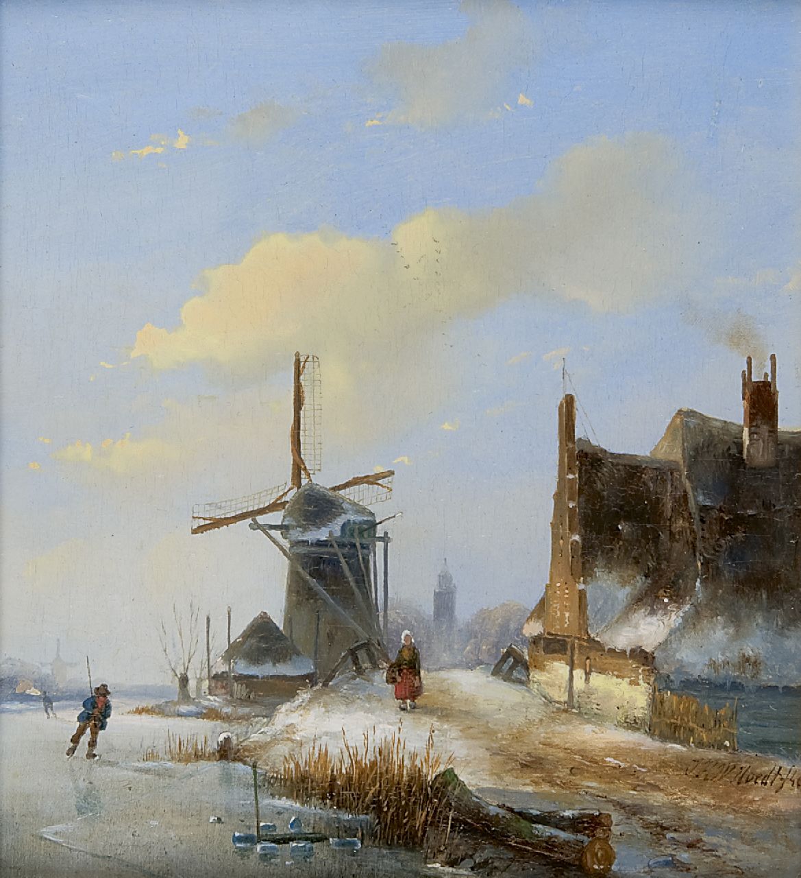 Hoedt J.H.W. | Jan Hendrik Willem Hoedt, IJsgezicht met molen, schaatser en wandelaar, olieverf op paneel 20,5 x 18,0 cm, gesigneerd rechtsonder en gedateerd '46 Hoedt J.H.W. | Jan Hendrik Willem Hoedt, IJsgezicht met molen, schaatser en wandelaar, olieverf op paneel 20,5 x 18,0 cm, gesigneerd rechtsonder en gedateerd '46