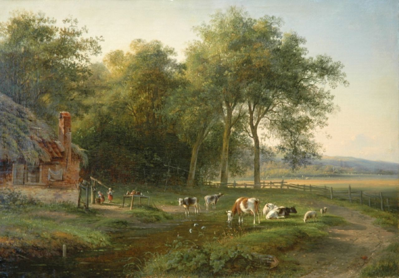 Ravenswaay J. van | Jan van Ravenswaay, Zomerlandschap met vee, olieverf op doek 49,4 x 70,1 cm, gesigneerd rechtsonder (vaag) Ravenswaay J. van | Jan van Ravenswaay, Zomerlandschap met vee, olieverf op doek 49,4 x 70,1 cm, gesigneerd rechtsonder (vaag)