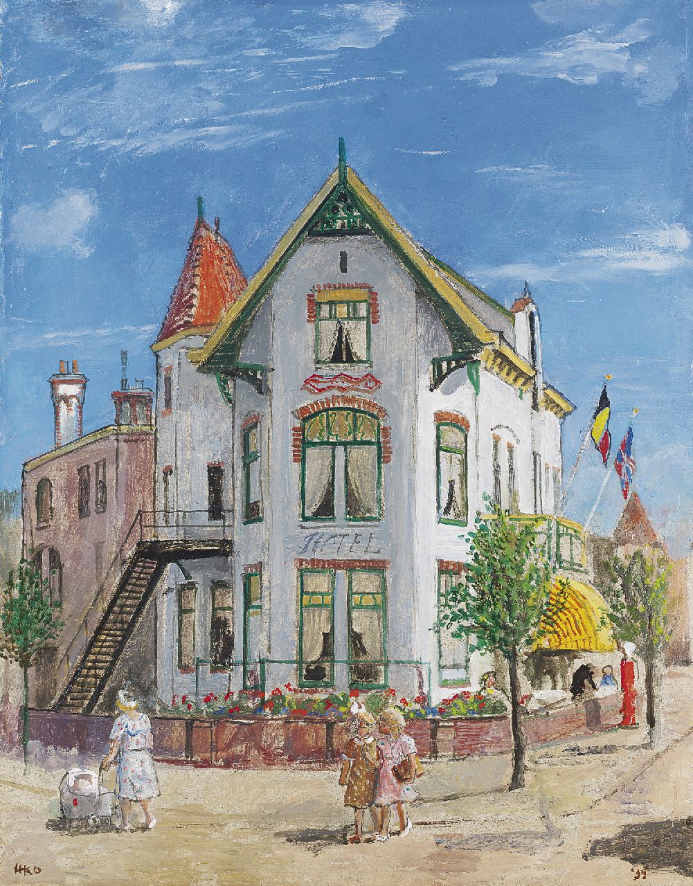 Kamerlingh Onnes H.H. | 'Harm' Henrick Kamerlingh Onnes, Hotel Leeuwendaal, Rijswijk, olieverf op eterniet 44,8 x 35,3 cm, gesigneerd linksonder met monogram en gedateerd '55 Kamerlingh Onnes H.H. | 'Harm' Henrick Kamerlingh Onnes, Hotel Leeuwendaal, Rijswijk, olieverf op eterniet 44,8 x 35,3 cm, gesigneerd linksonder met monogram en gedateerd '55