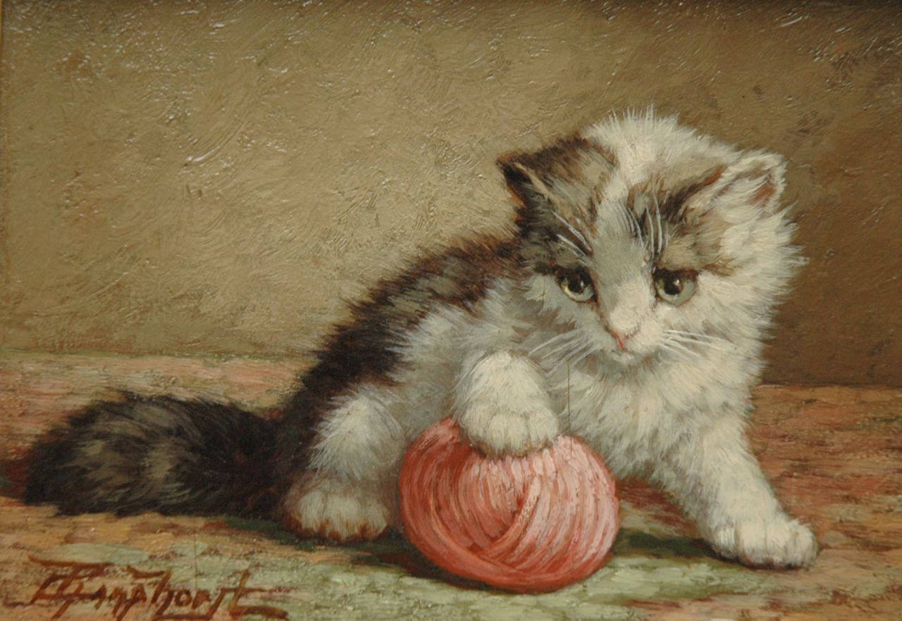 Raaphorst C. | Cornelis Raaphorst, Kitten met knot wol, olieverf op paneel 13,5 x 18,4 cm, gesigneerd linksonder Raaphorst C. | Cornelis Raaphorst, Kitten met knot wol, olieverf op paneel 13,5 x 18,4 cm, gesigneerd linksonder
