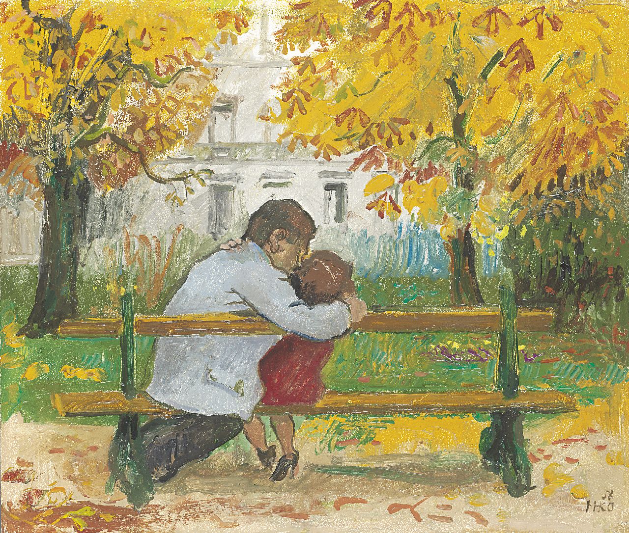 Kamerlingh Onnes H.H.  | 'Harm' Henrick Kamerlingh Onnes, Kussend paartje in het park, olieverf op board 34,0 x 39,9 cm, gesigneerd rechtsonder met monogram en gedateerd '58