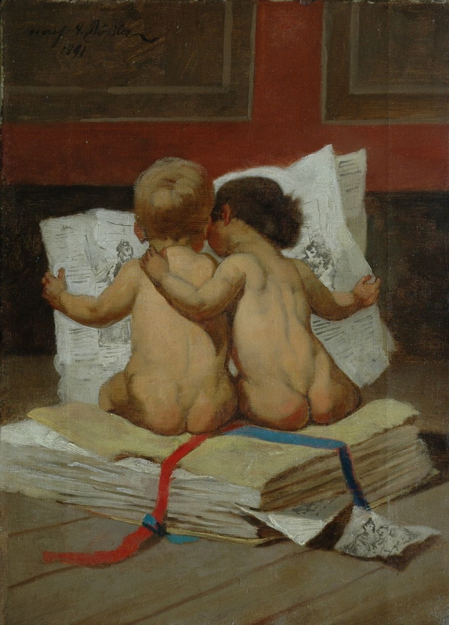Rössler (mogelijk August Rössler) A.  | Rössler (mogelijk August Rössler), Het nieuws van de dag, olieverf op doek 34,7 x 25,3 cm, gesigneerd linksboven en gedateerd 1891